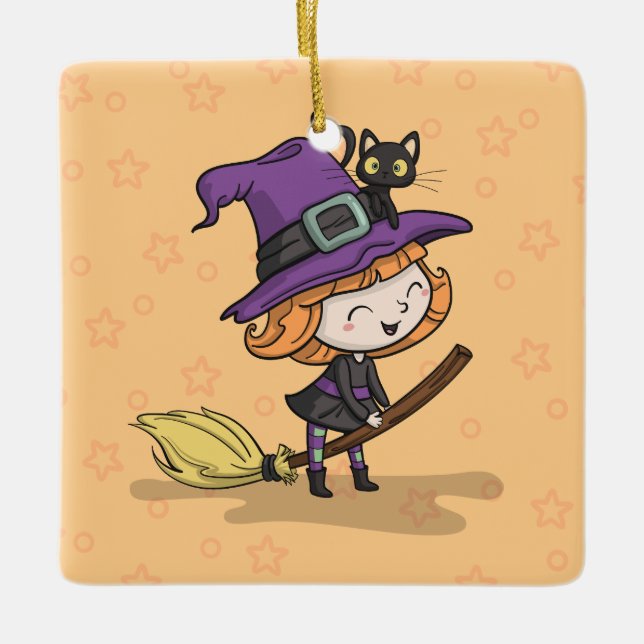 Cute Halloween Witch and Cat | Ornament (Front)