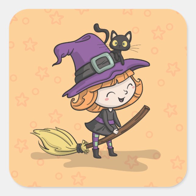 Cute Halloween Witch and Cat | Sticker (Front)
