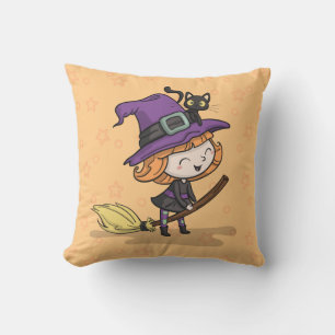 Cute Halloween Witch and Cat Throw Pillow