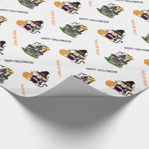 Cute Halloween witch and haunted house Wrapping Paper