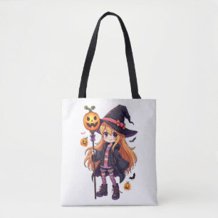 Cute Halloween Witch Anime Girl Sticker Tote Bag