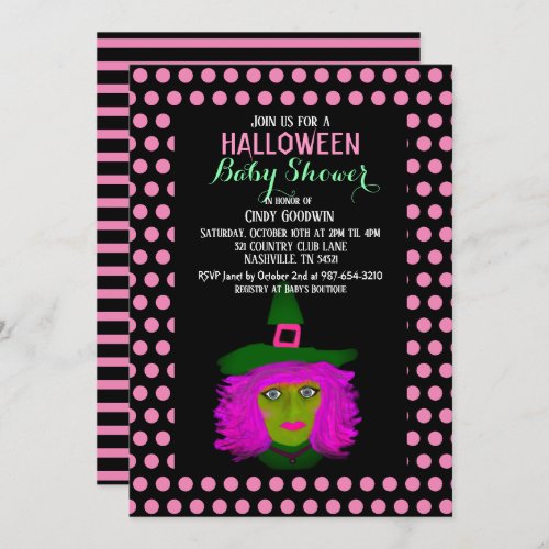 Cute Halloween Witch Black Pink Girl Baby Shower Invitation