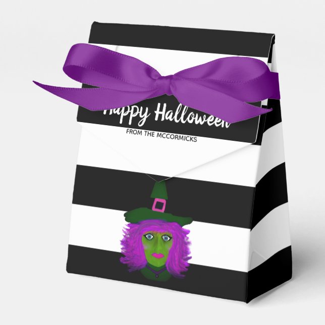 Cute Halloween Witch Black Striped Party Name Favor Boxes (Front Side)