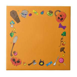 Cute Halloween Witch Broomstick orange Ceramic Tile