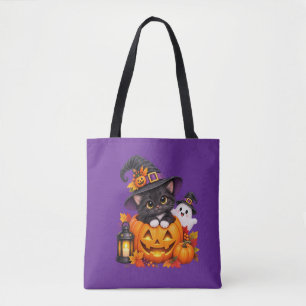 Cute Halloween Witch Cat and Ghost Personalized To Tote Bag