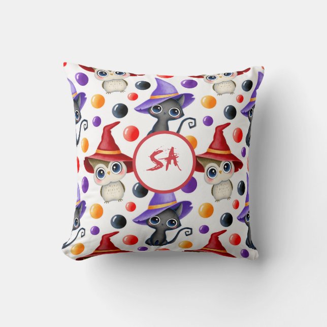 Cute Halloween Witch Cat and Owl Red Purple White Throw Pillow (Front)