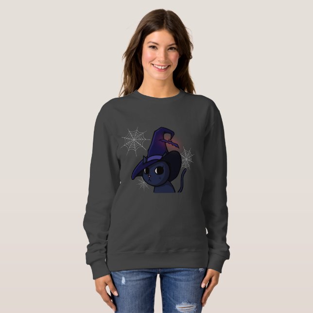 Cute Halloween Witch Cat Cartoon Drawing Sweatshirt (Front Full)