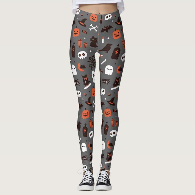 Cute Halloween Witch Cat Ghost Pumpkin Leggings (Front)