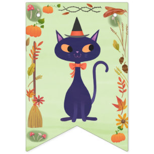 Cute Halloween Witch Cat Green Bunting Flags