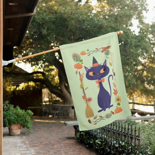 Cute Halloween Witch Cat House Flag (In SItu)