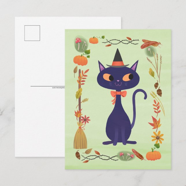 Cute Halloween Witch Cat Postcard (Front/Back)