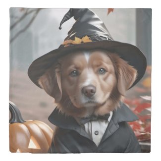 Cute Halloween Witch Costume Puppy And Pumpkin Duvet Cover