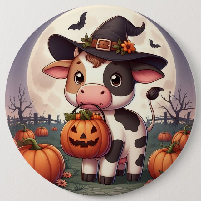 Cute Halloween witch cow Button (Front)