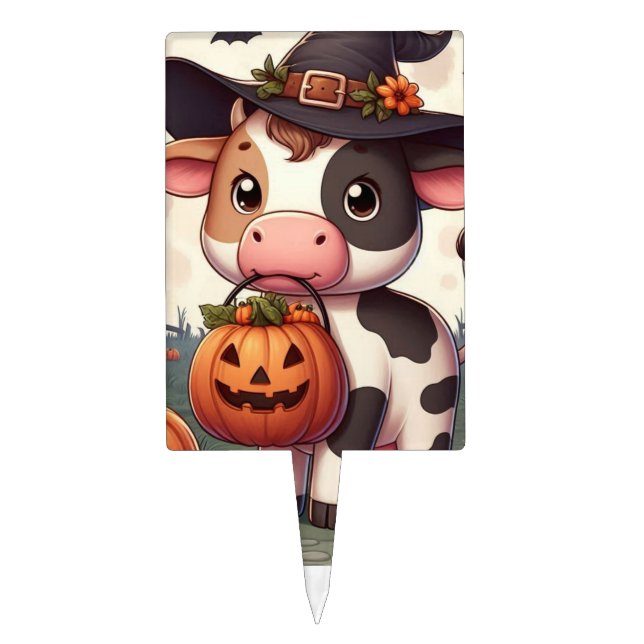 Cute Halloween witch cow Cake Topper (Front)