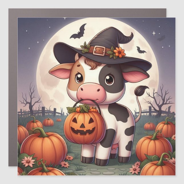 Cute Halloween witch cow Car Magnet (Front)