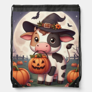 Cute Halloween witch cow Drawstring Bag