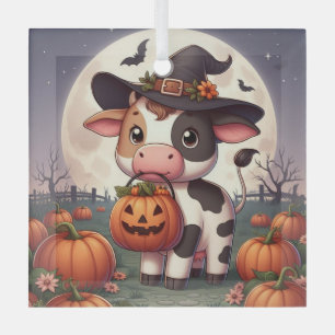 Cute Halloween witch cow Glass Ornament