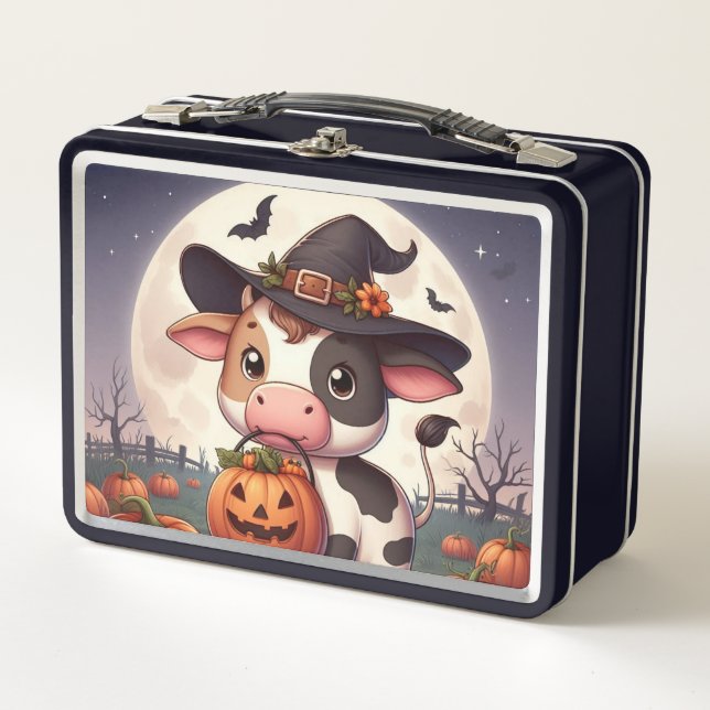 Cute Halloween witch cow Metal Lunch Box (Front)