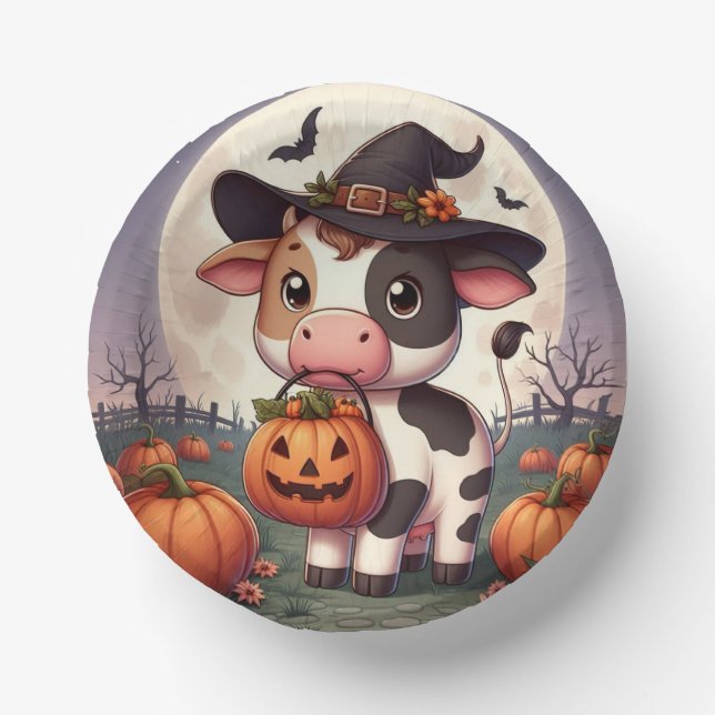 Cute Halloween witch cow Paper Bowls (Front)
