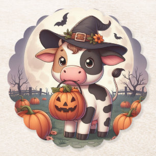 Cute Halloween witch cow Paper Coaster