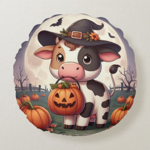 Cute Halloween witch cow Round Pillow
