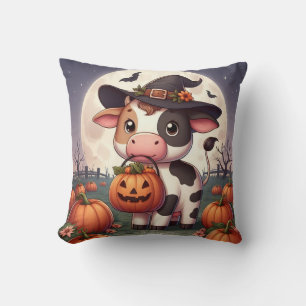 Cute Halloween witch cow Throw Pillow
