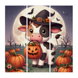 Cute Halloween witch cow Triptych