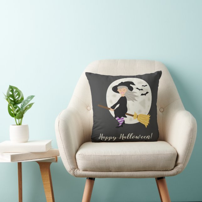 Cute Halloween Witch Girl Flying On A Broomstick Throw Pillow (Chair)