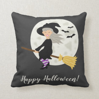 Cute Halloween Witch Girl Flying On A Broomstick Throw Pillow