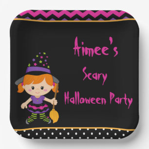 Cute Halloween Witch Girl Halloween Party Paper Plates