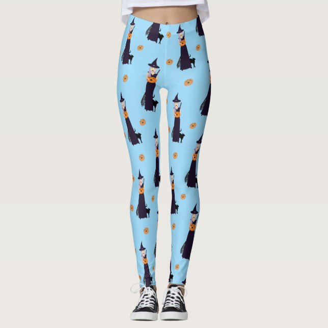 Cute Halloween Witch, Happy Pumpkin and Black Cat Leggings (Front)