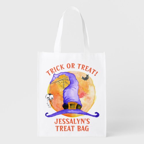 Cute Halloween Witch Hat Trick or Treat with Name Grocery Bag