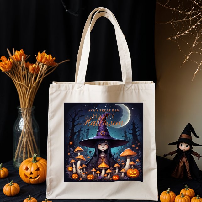 Cute Halloween Witch in Spooky Scene with Pumpkins Tote Bag (Funny Little Halloween Witch in Eerie Landscape with Pumpkins & Magical Mushrooms with Name's TreaT.)