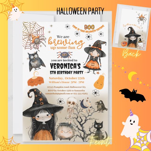 Cute Halloween Witch Kids Party Invitation