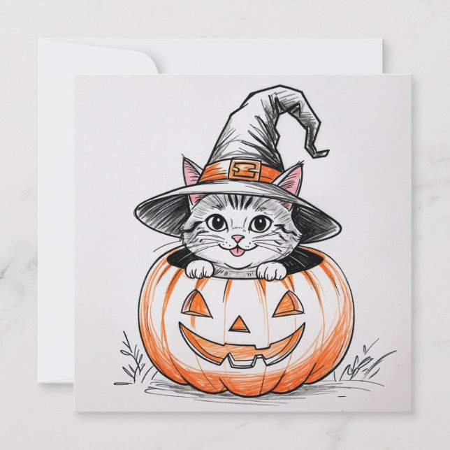 Cute Halloween Witch Kitten and Jack O'Lantern  Holiday Card (Front)