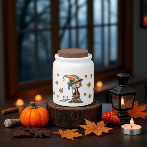 Cute Halloween Witch & Kitten with Autumn Leaves Candy Jar