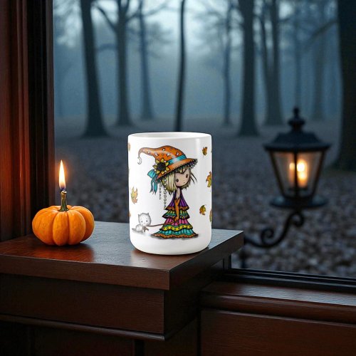 Cute Halloween Witch & Kitten with Autumn Leaves Coffee Mug