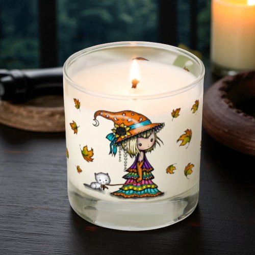Cute Halloween Witch & Kitten with Autumn Leaves Scented Candle