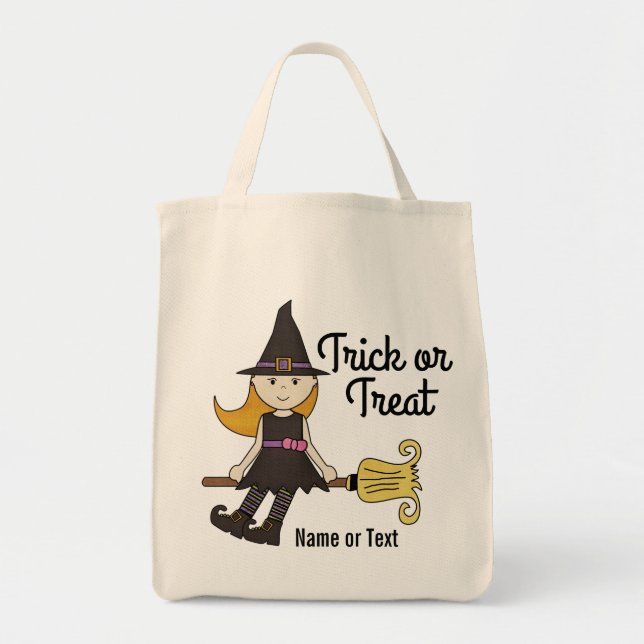Cute Halloween Witch on Broom Stick Personalized Tote Bag (Front)