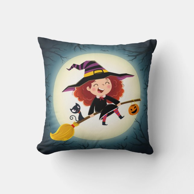 Cute Halloween Witch on Broom with Cat and Pumpkin Throw Pillow (Front)
