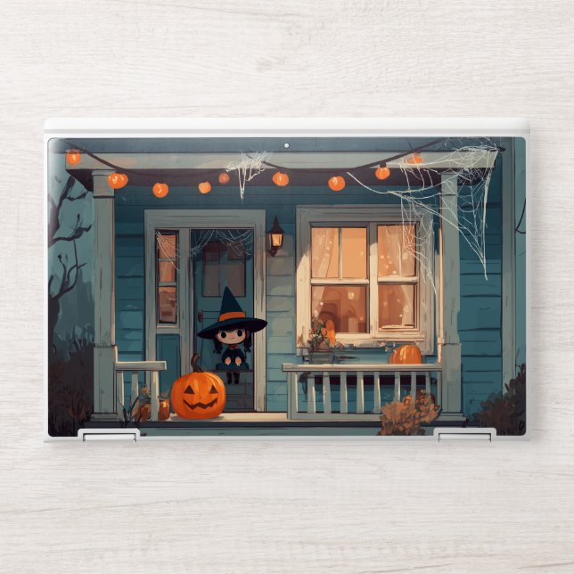 Cute Halloween Witch on Spooky Porch - Laptop Skin (Front)
