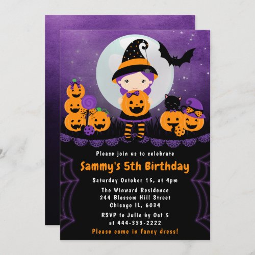 Cute Halloween Witch  Pumpkins Birthday Party Invitation