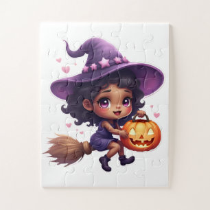 Cute Halloween Witch Puzzle – Little Girl with Pum