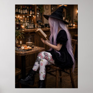 Cute Halloween Witch Reading Poster Cozy Art