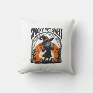 Cute Halloween Witch Spooky Yet Sweet Vintage Tee_ Throw Pillow