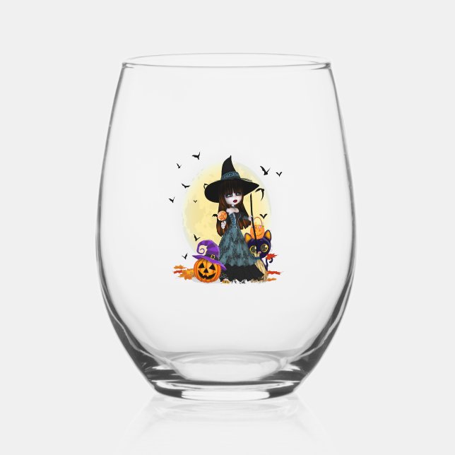 Cute Halloween Witch Stemless Wine Glass (Front)