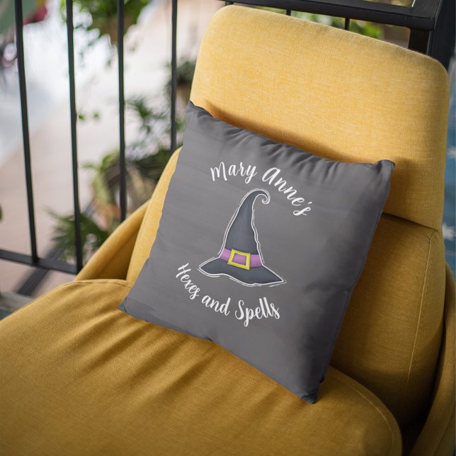 Cute Halloween Witch Typography Custom Throw Pillow (Halloween witch theme personalized throw pillow)