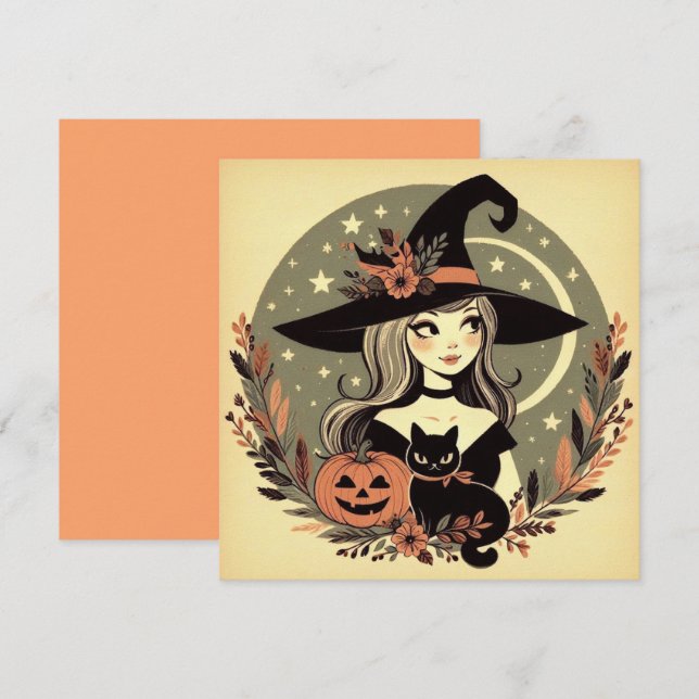 Cute Halloween Witch with Black Cat and Pumpkin Card (Front/Back)