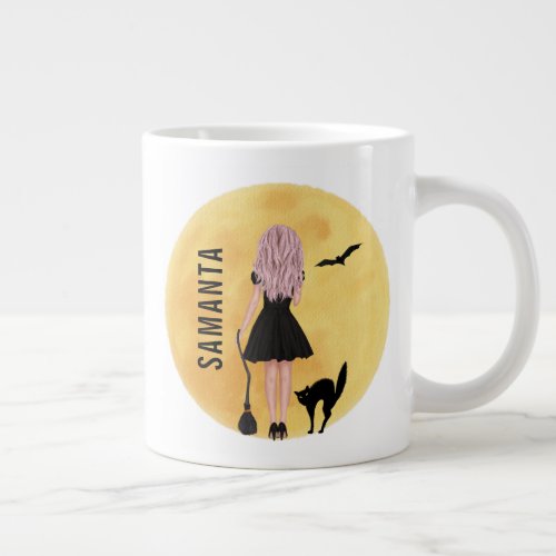 Cute Halloween Witch with Full Moon and Black Cat  Giant Coffee Mug