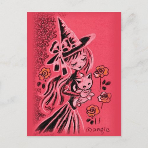 Cute Halloween Witch With Kitten Postcard